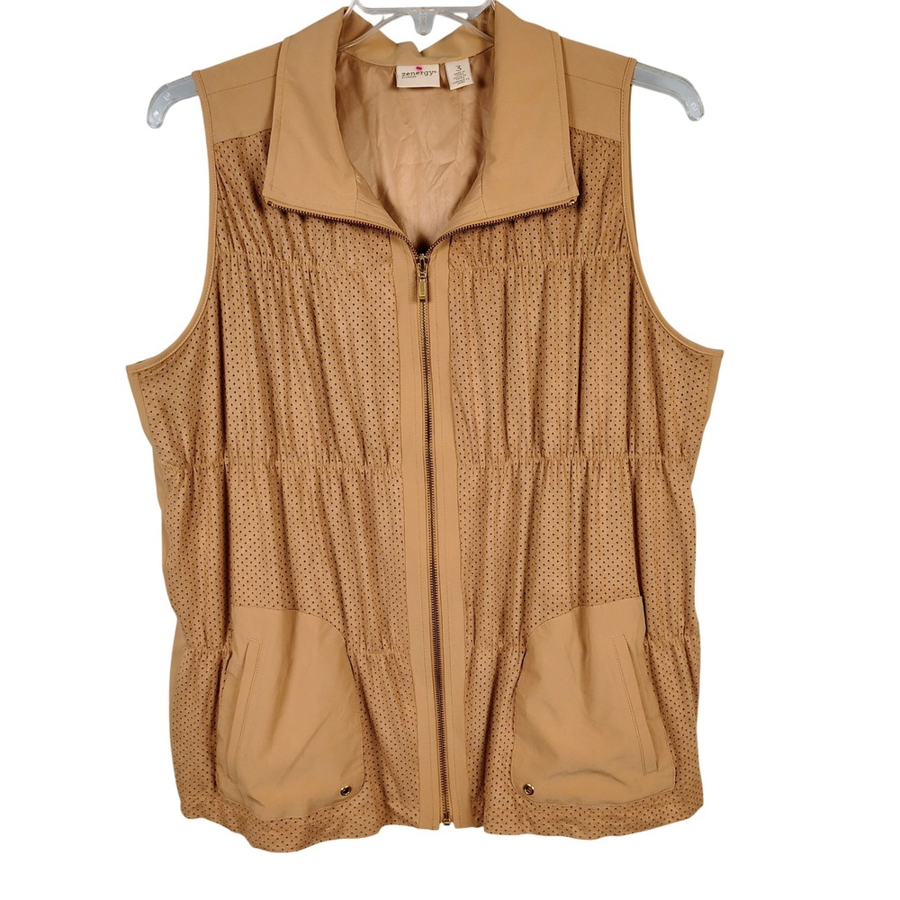 Chicos Womens SZ 3 Zenergy Perforated Faux Suede Vest Tan Gorpcore Athleisure